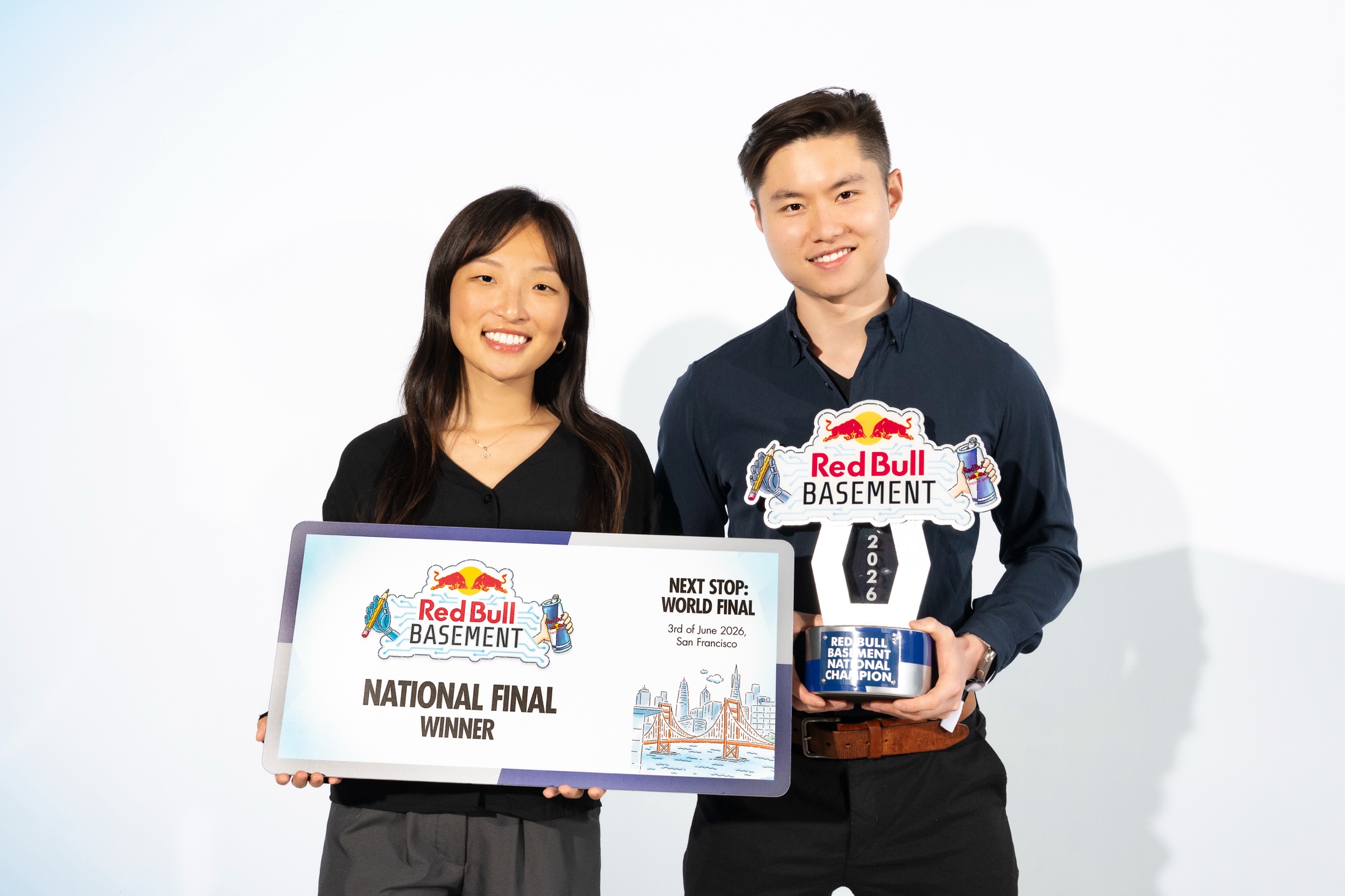 Hayoung Ahn and Xuelong Mu holding the Red Bull Basement USA National Final Winner award and trophy